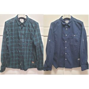 2 Men's Roadster Life Co Long Sleeve Shirts - Navy & Green Plaid Flannel - Large